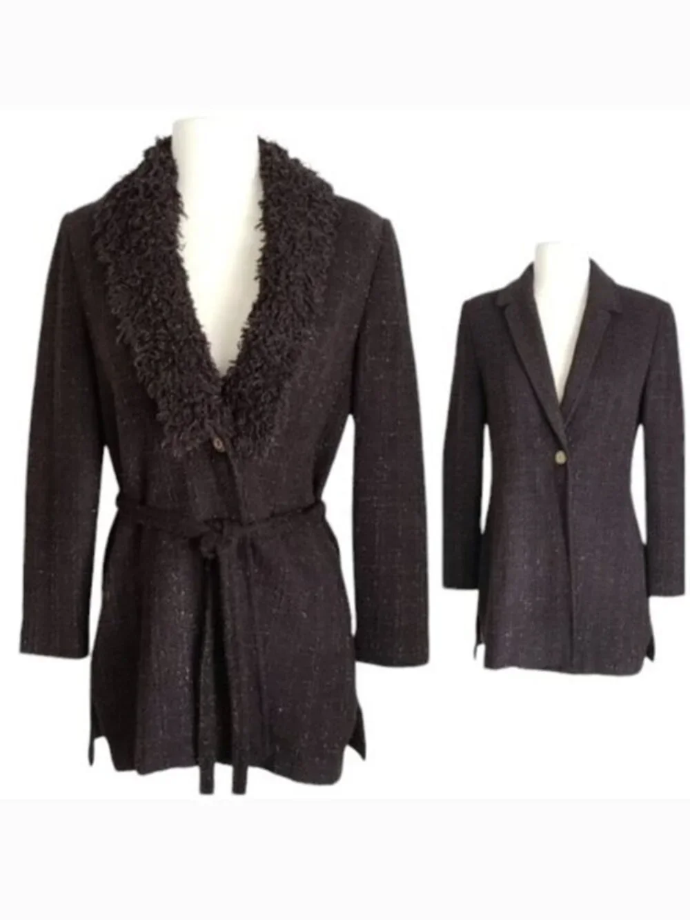 St John Vintage Brown Knit Belted Blazer Jacket w Furry Removable Collar- Size 2